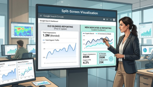AI Overviews impressions, Search Console generative AI, AI Mode visibility tracking, GEO reporting, AEO content strategy, generative AI search visibility Schema Types: Article, FAQPage, BreadcrumbList
